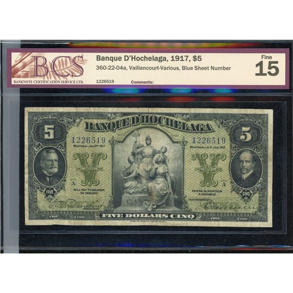Banque D'Hochelaga $5, 1917