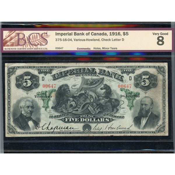 Imperial Bank of Canada $5, 1916
