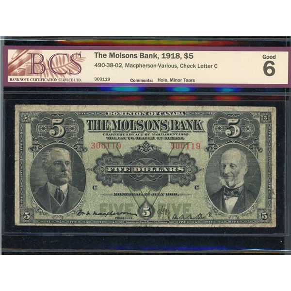 The Molsons Bank $5, 1918