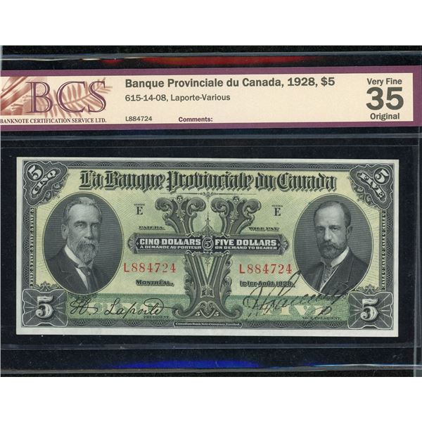 Banque Provinciale Du Canada $5, 1928