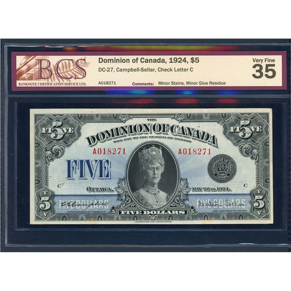 Dominion of Canada $5, 1924