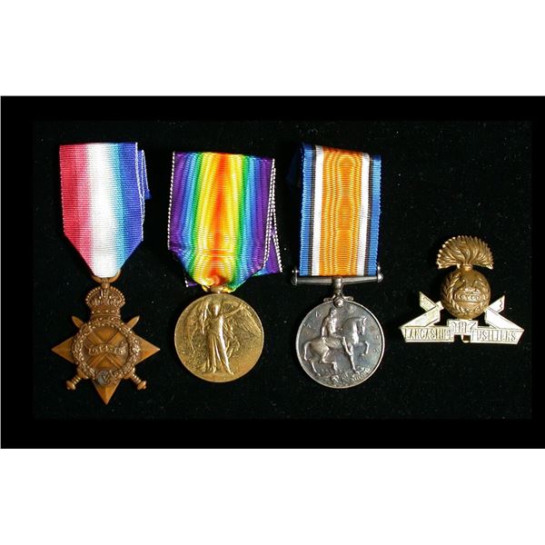 WWI Medal Trio & Cap Badge, Lancashire Fusiliers