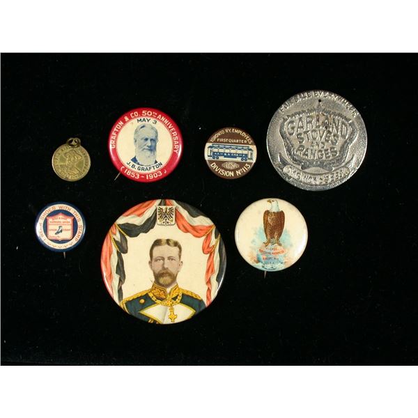 Lot of 7 Pin-On Buttons, Toronto Railway Union, Grafton & Co., etc.