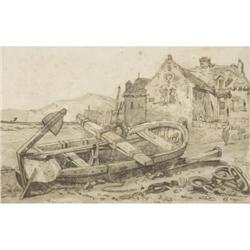 Samuel Prout, Pencil on paper, Boat on a Beach