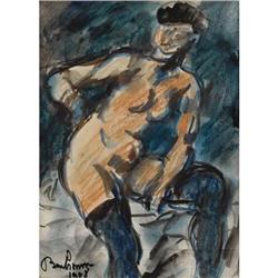 Leon Bonhomme, Watercolor, Nude with Stockings