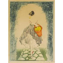 Louis Icart, Color etching, Basket of Apples