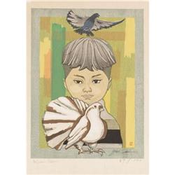 Junichiro Sekino, Color woodcut, Pigeon (Noon)