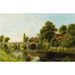 William Langley, Oil on canvas, Swans by Bridge