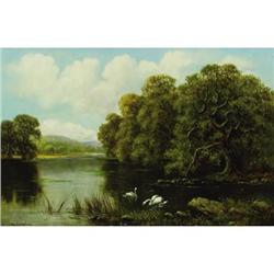 William Langley, Oil on canvas, Swans on River