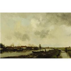 Dutch School, Oil on canvas, River Docks