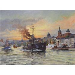 W. Hoffmann, Oil on canvas, Harbour at Sunset