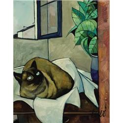 Charles Levier, Oil on canvas, Cat by the Window