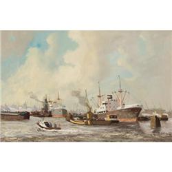 JH Petary, Oil on canvas, Ships at the Docks