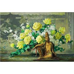 John Orth, Oil on canvas, Buddah and Yellow Rose