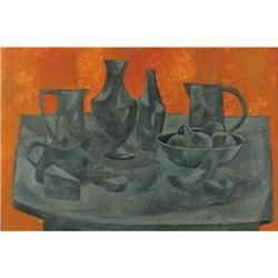 Chester Toney, Oil on masonite, Blue Tea Service