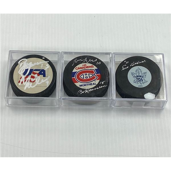 Three Signed Hockey Pucks (Bodnar, Lafleur,  Bobby Rousseau.