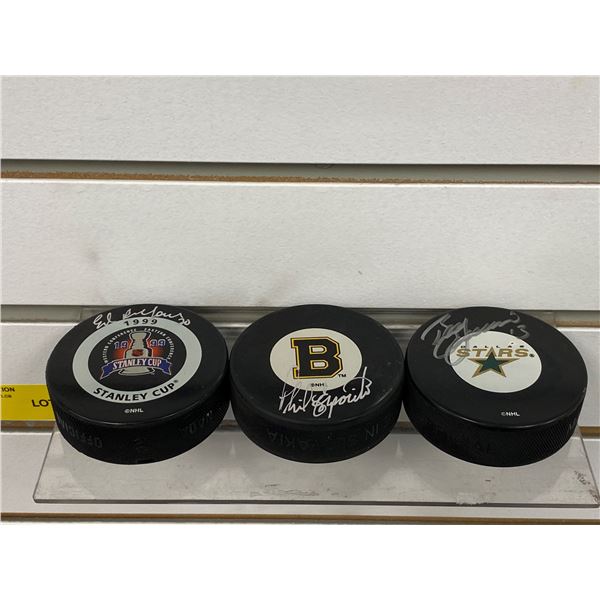 Three Signed Hockey Pucks (Esposito, Belfour...)