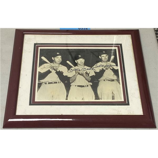 Signed Photo Joe DiMaggio, Mickey Mantle, Ted Williamson Signed and Framed 15x16"