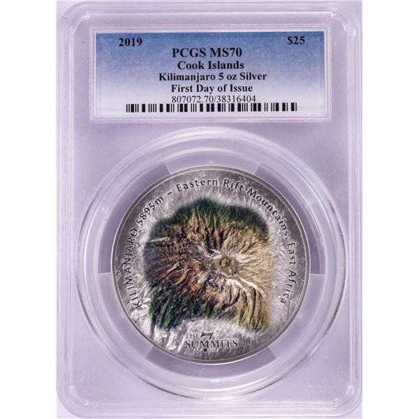 2019 $25 Cook Islands Kilimanjaro 5oz Silver Coin PCGS MS70 First Day of Issue