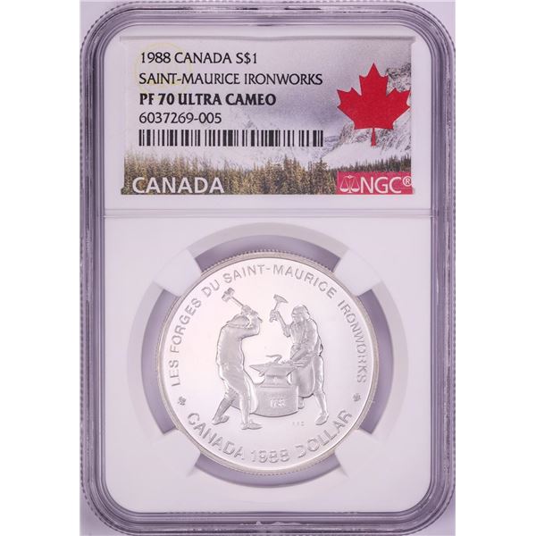 1988 $1 Proof Canada Saint-Maurice Ironworks Silver Dollar Coin NGC PF70 Ultra Cameo