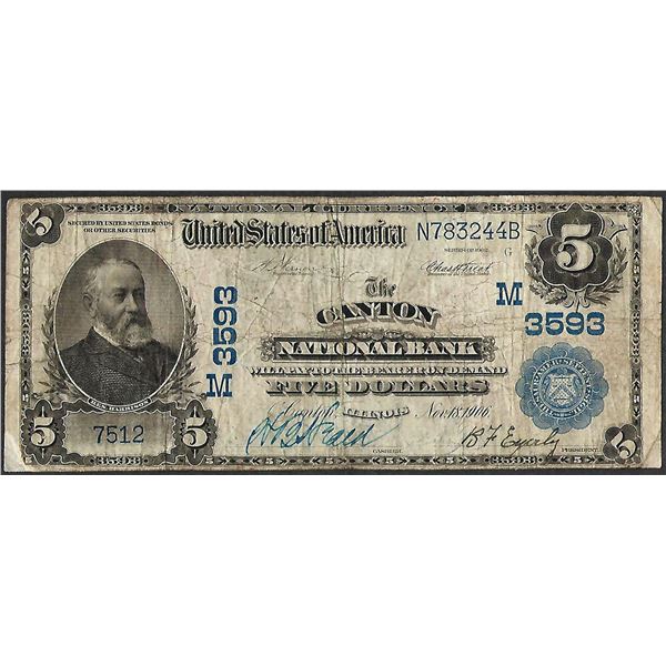 1902PB $5 Canton National Bank, Illinois CH# 3593 National Currency Note