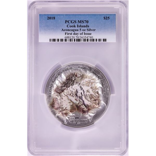 2018 $25 Cook Islands Aconcagua 5oz Silver Coin PCGS MS70 First Day of Issue