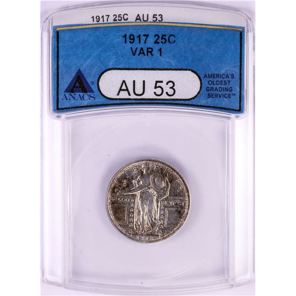 1917 Type 1 Standing Liberty Quarter Coin ANACS AU53