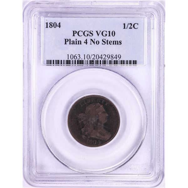 1804 Plain 4 No Stems Draped Bust Half Cent Coin PCGS VG10