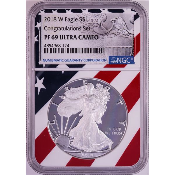 2018-W $1 Proof American Silver Eagle Coin NGC PF69 Ultra Cameo Congratulations Flag