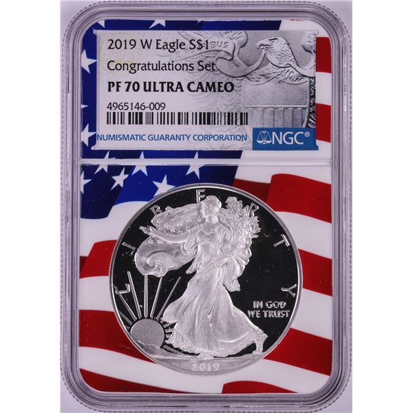 2019-W $1 Proof American Silver Eagle Coin NGC PF70 Ultra Cameo Congratulations Flag