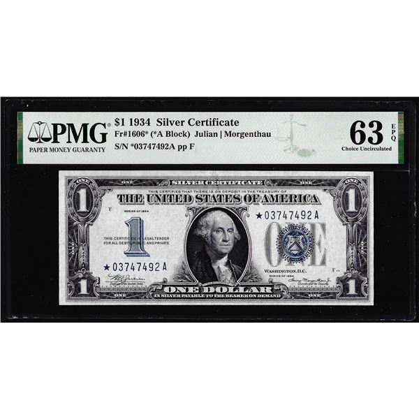 1934 $1 Funnyback Silver Certificate Star Note Fr.1606* PMG Choice Uncirculated 63EPQ