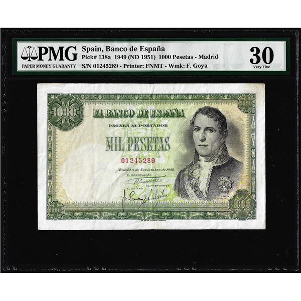 1949 Spain Banco de Espana 1,000 Pesetas Note Pick# 138a PMG Very Fine 30