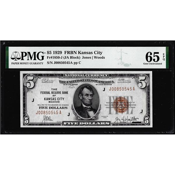 1929 $5 Federal Reserve Bank Note Kansas City Fr.1850-J PMG Gem Uncirculated 65EPQ