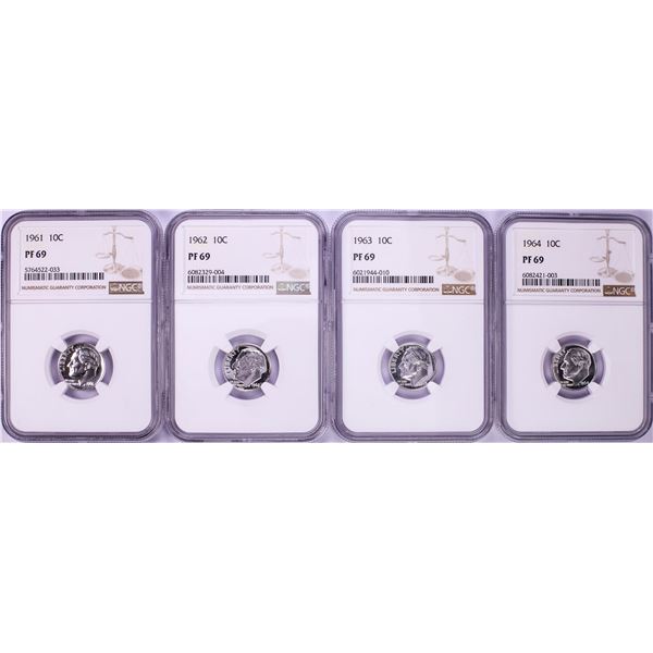 Lot of 1961-1964 Proof Roosevelt Dime Coins NGC PF69