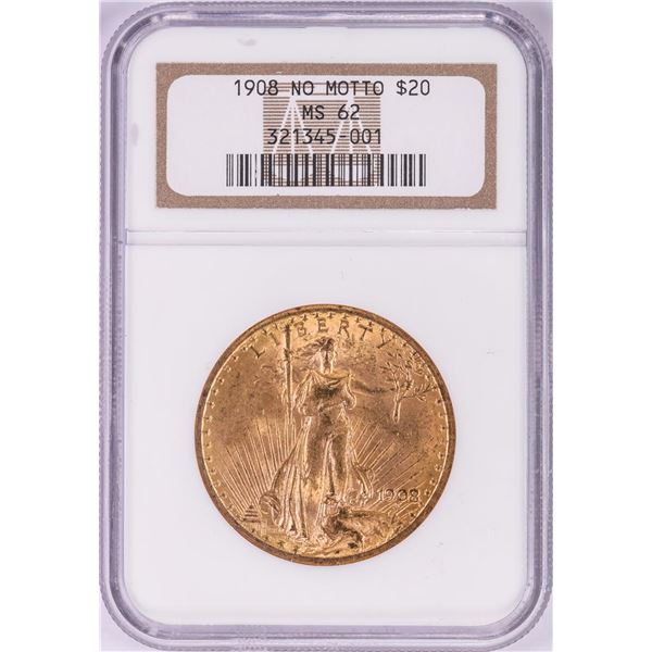 1908 No Motto $20 St Gaudens Double Eagle Gold Coin NGC MS62