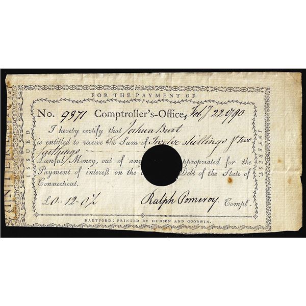 February 22, 1790 State of Connecticut Interest Certificate Colonial Note