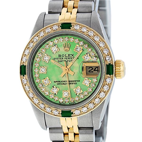 Rolex Ladies Two Tone MOP Diamond & Emerald Oyster Perpetual Datejust Watch