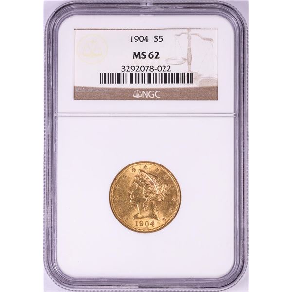 1904 $5 Liberty Head Half Eagle Gold Coin NGC MS62