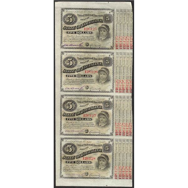 Uncut Sheet of (4) State of Louisiana Baby Bond Obsolete Notes