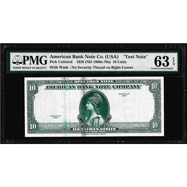 1929 10 Unit American Bank Note Co.  Test Note  PMG Choice Uncirculated 63EPQ