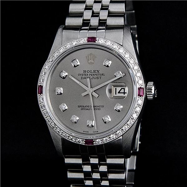 Rolex Men's Stainless Steel Gray Diamond & Ruby Oyster Perpetual Datejust Wristwatch