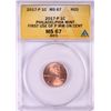 Image 1 : 2017-P Lincoln Shield Cent Coin ANACS MS67 Red First Use of P MM on Cent