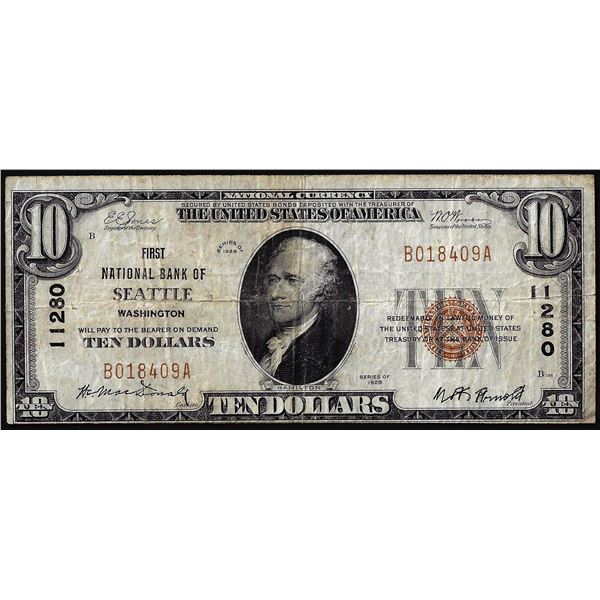 1929 $10 First National Bank of Seattle. WA CH# 11280 National Currency Note