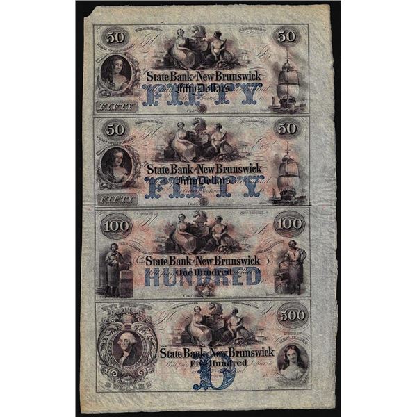 Uncut Sheet of $50/$50/$100/$500 The State Bank at New Brunswick, NJ Obsolete Notes