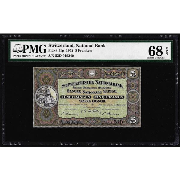 1952 Switzerland 5 Franken Note Pick# 11p PMG Superb Gem Uncirculated 68EPQ