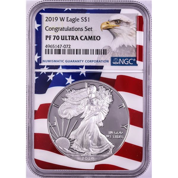 2019-W $1 Proof American Silver Eagle Coin NGC PF70 Ultra Cameo Congratulations Flag