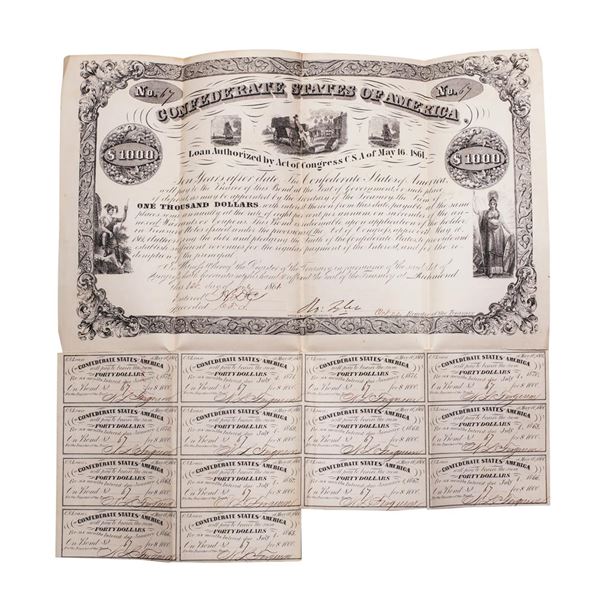 1861 $1,000 Confederate Bond Obsolete Sheet B-25