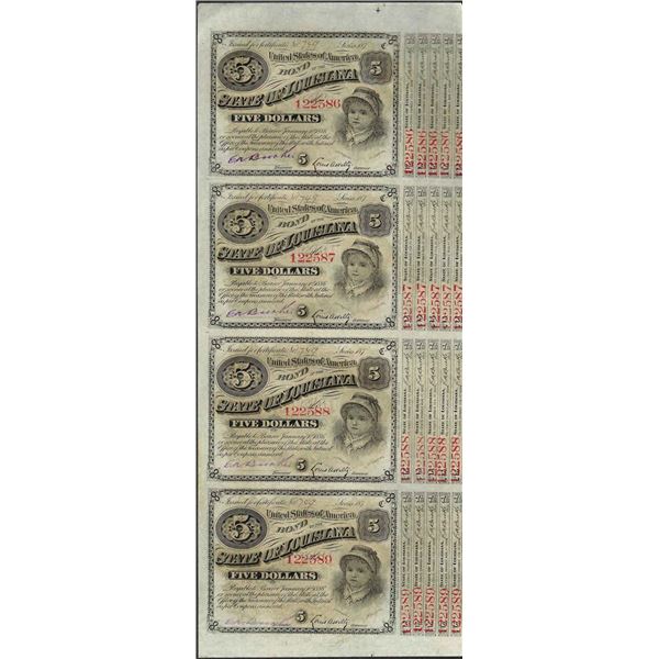 Uncut Sheet of (4) State of Louisiana Baby Bond Obsolete Notes