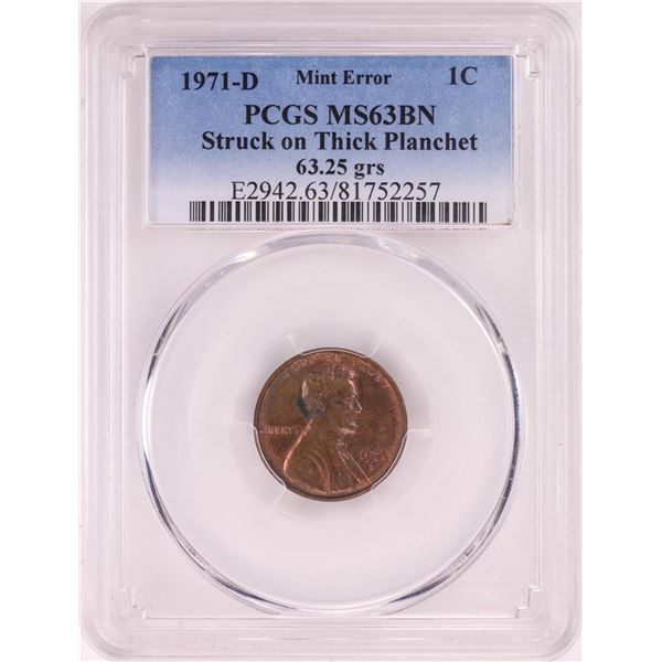 1971-D Lincoln Cent Coin ERROR Struck on Thick Planchet PCGS MS63BN