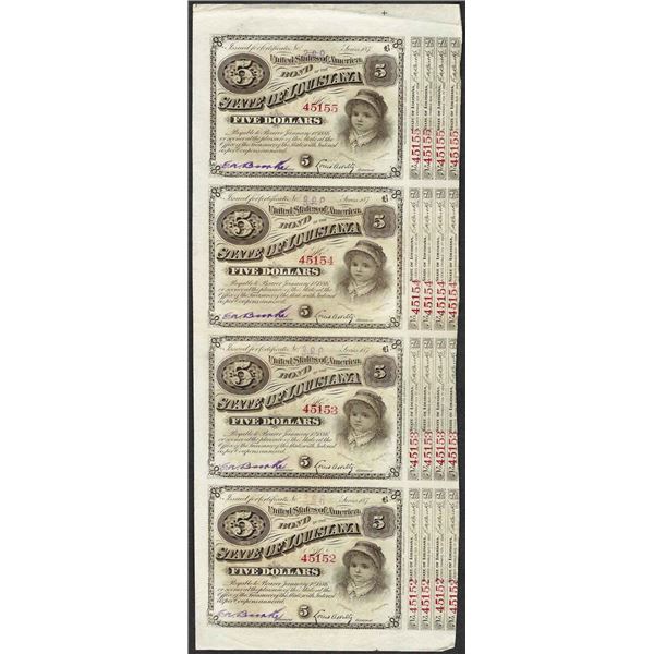 Uncut Sheet of (4) State of Louisiana Baby Bond Obsolete Notes